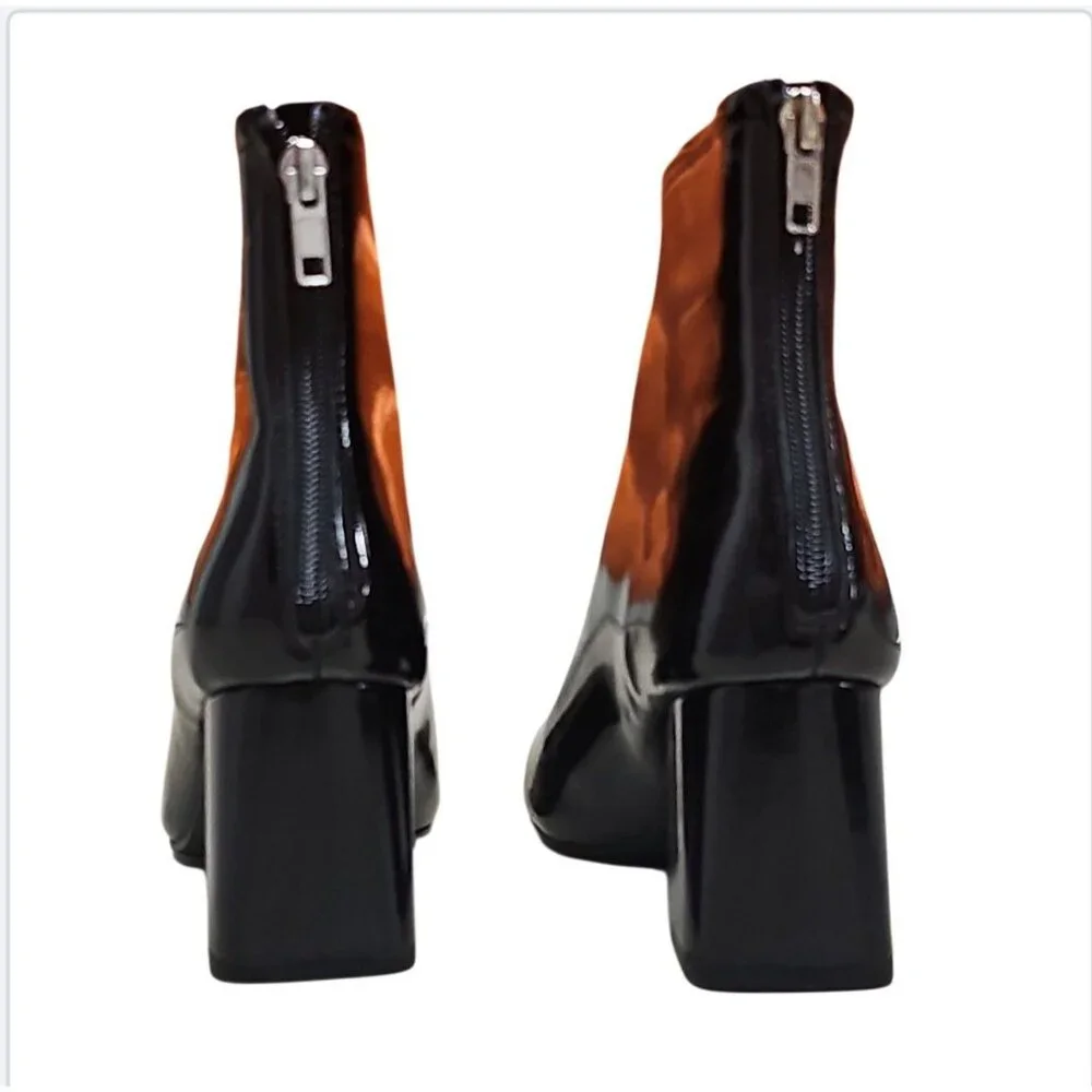 Black Patent Leather Chunky Heel Ankle Boots With Side Zipper Closure